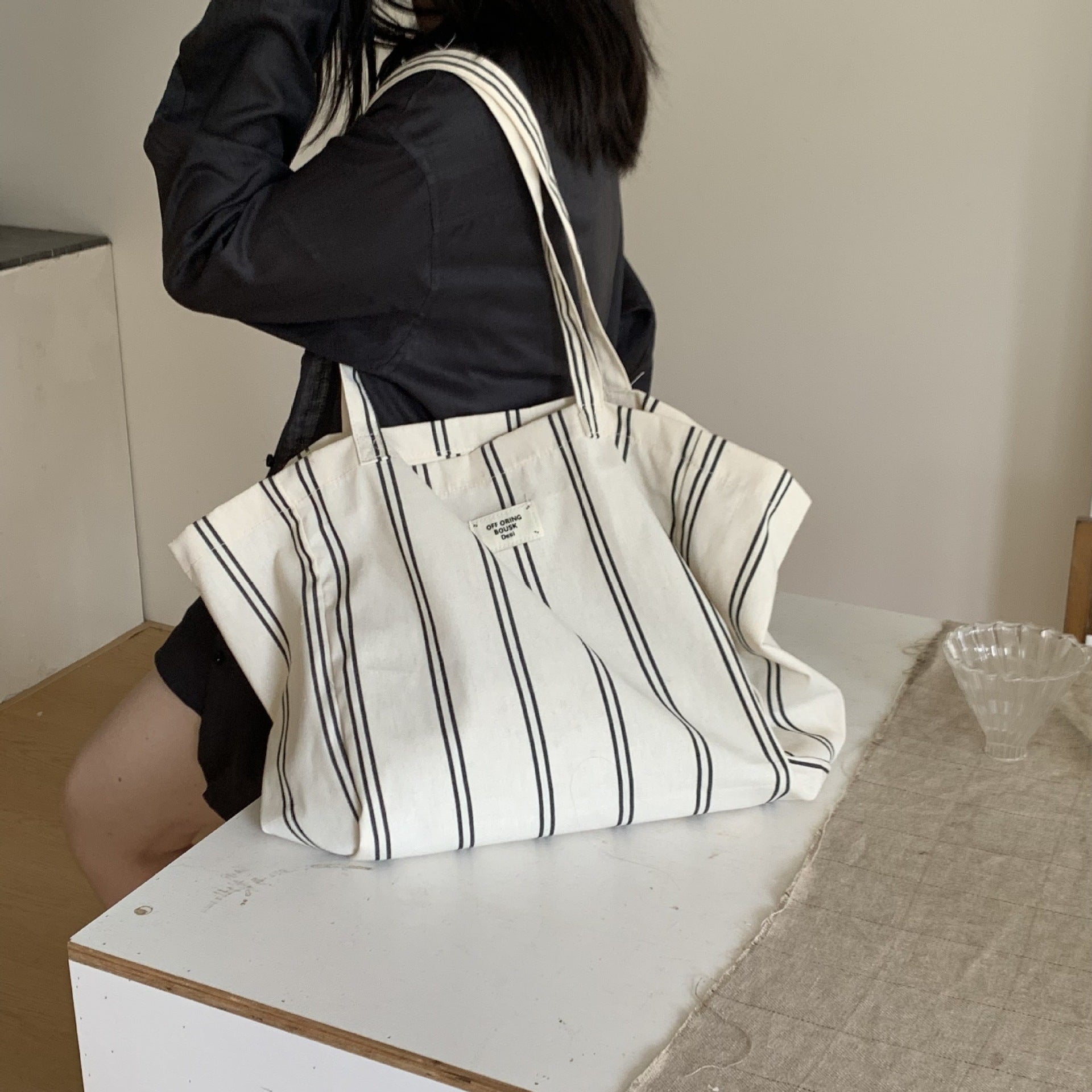 One-shoulder Striped Large Capacity Cloth Simple Bag