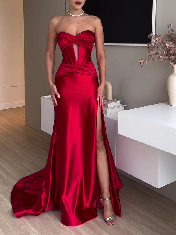 Tube Top Slit Red Extra Long Evening Dress Hanzuva