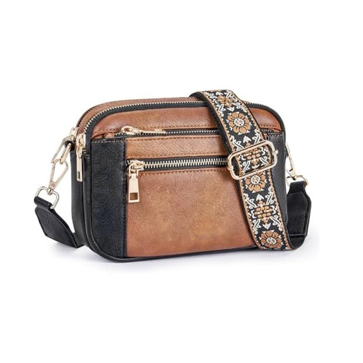 Triple-zipper Shoulder Bag With Floral Embroidered Straps Fashion Colorblock Multi-functional Crossbody Bags For Women Hanzuva