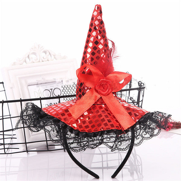 Halloween Decoration Witch Hat Headband, Masquerade Show Lace Sequin Hat Headband Hanzuva