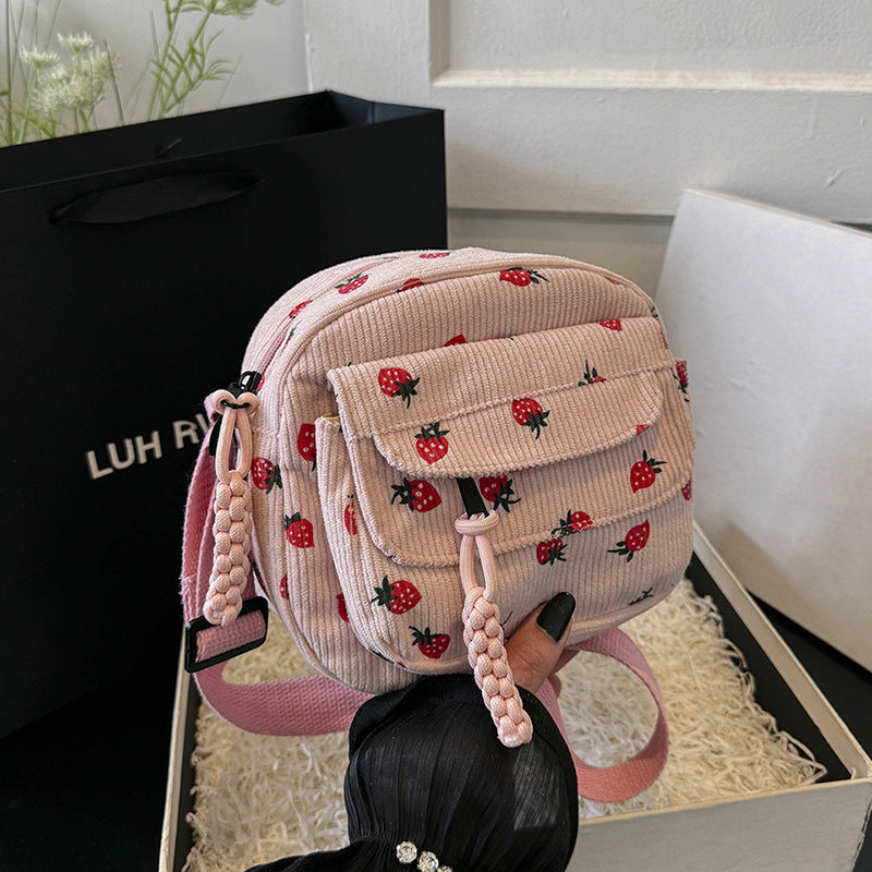 Corduroy Cloth Bag Women's Strawberry Printing