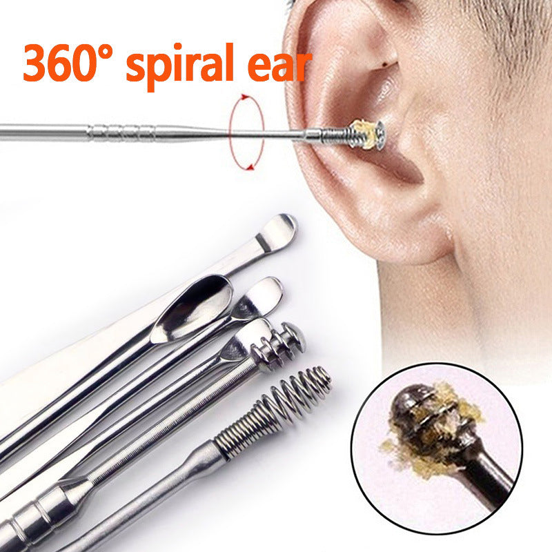 Stainless Steel 6-piece Set Earpick 360 Degree Spiral Cleaning Earwax Tool