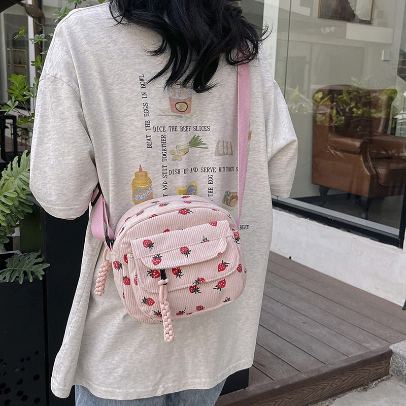 Corduroy Cloth Bag Women's Strawberry Printing