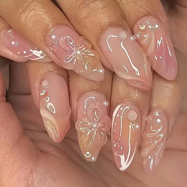 Almond Nail Pure Flower Wear Nail Removable Fake Nails Hanzuva