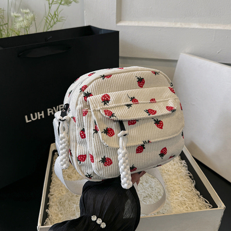 Corduroy Cloth Bag Women's Strawberry Printing