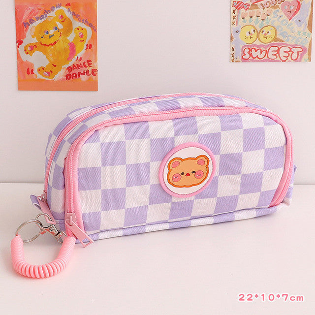 Japanese Simple Large-capacity Checkerboard Pencil Case