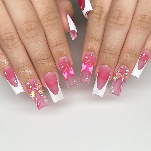 Wear A Piece Long Aurora Bow Pearl Rhinestone White French Edge Fake Nails Hanzuva