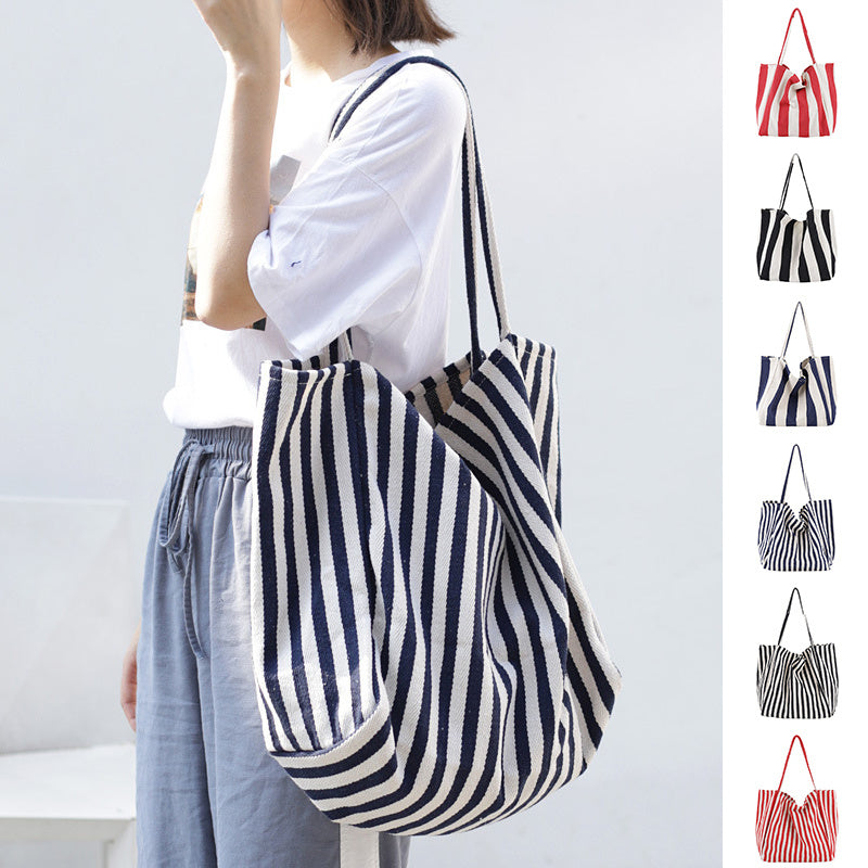 Striped Canvas Bags High Capacity Shoulder Bags For Women Fashion Shopper Handbags Casual Shopping Totes Hanzuva