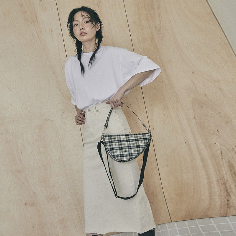 Striped plaid irregular saddle bag shoulder bag Hanzuva