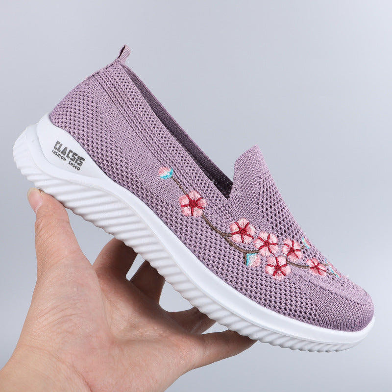 Flower Embroidery Flats Summer Walking Shoes Women's Mesh Breathable Casual Shoes Hanzuva
