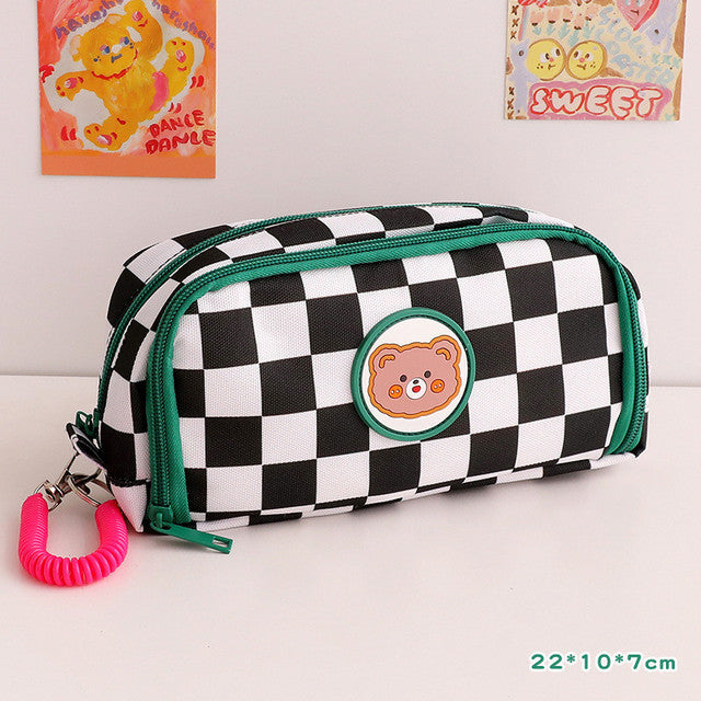 Japanese Simple Large-capacity Checkerboard Pencil Case