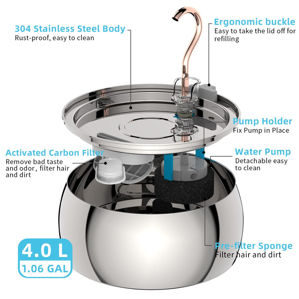 4L Copper Tube Gooseneck Stainless Steel Cat Dog Water Dispenser