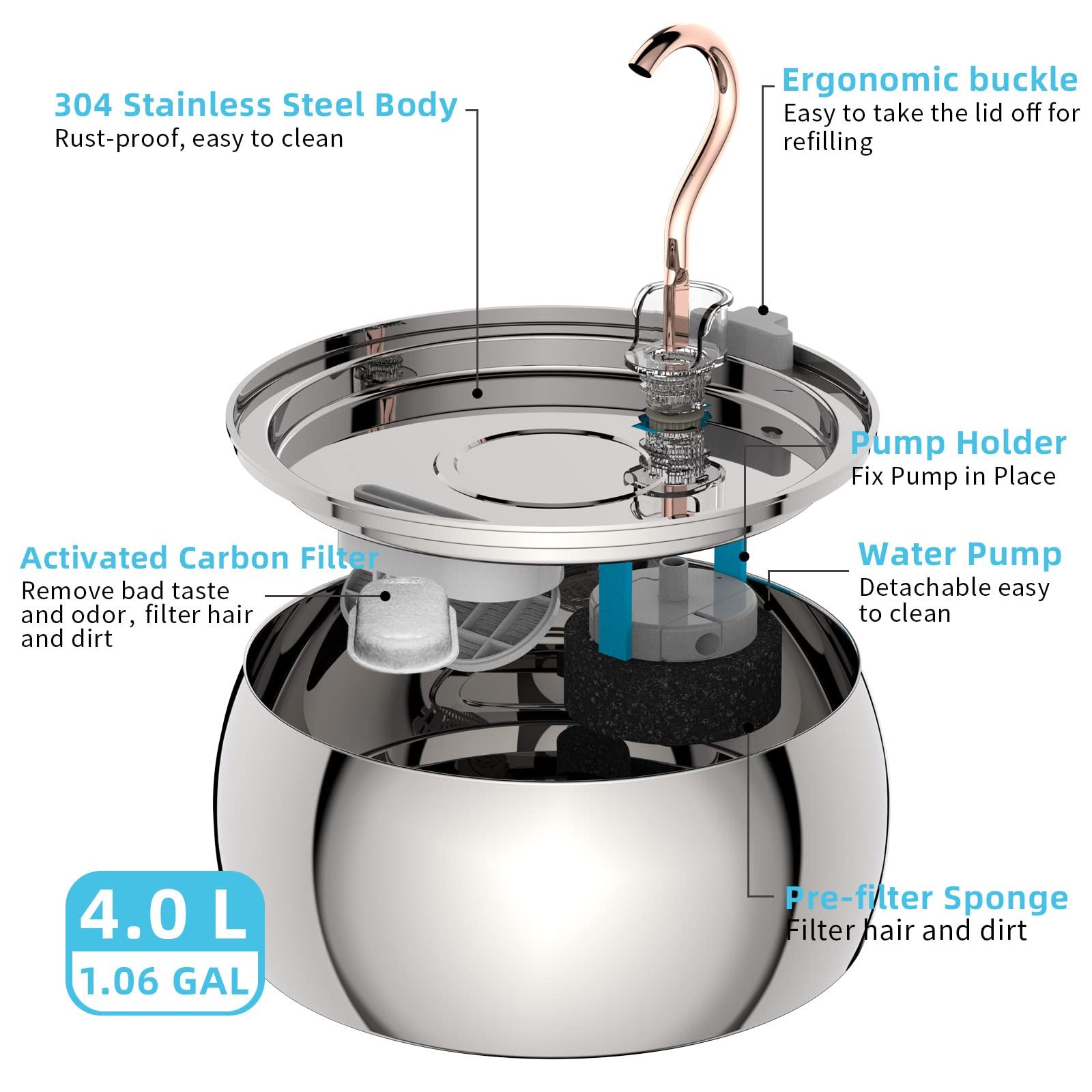4L Copper Tube Gooseneck Stainless Steel Cat Dog Water Dispenser