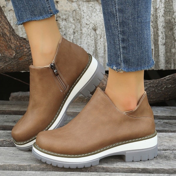 Women Ankle Boots Round Toe Low Heel Zipper Shoes Hanzuva