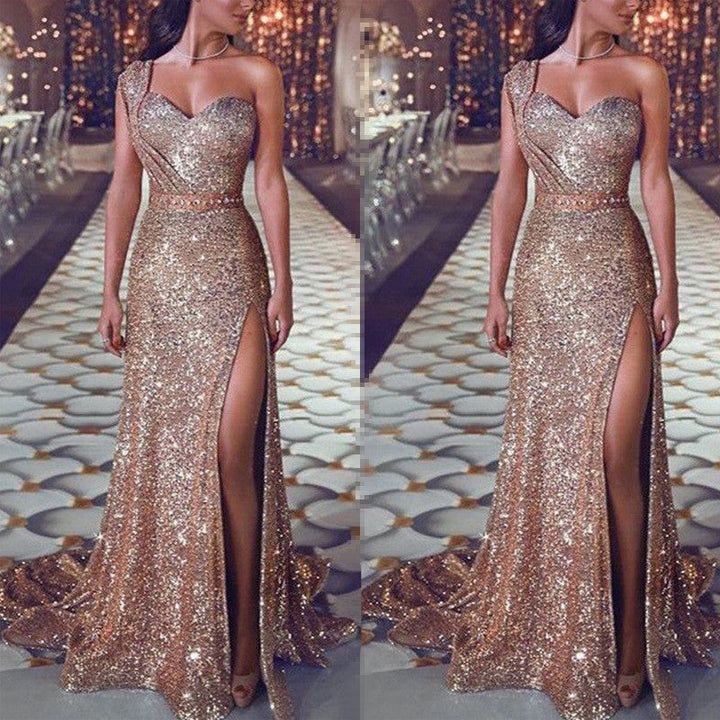 Women's Clothing One-shoulder Sleeveless Bronzing Split Dress Hanzuva