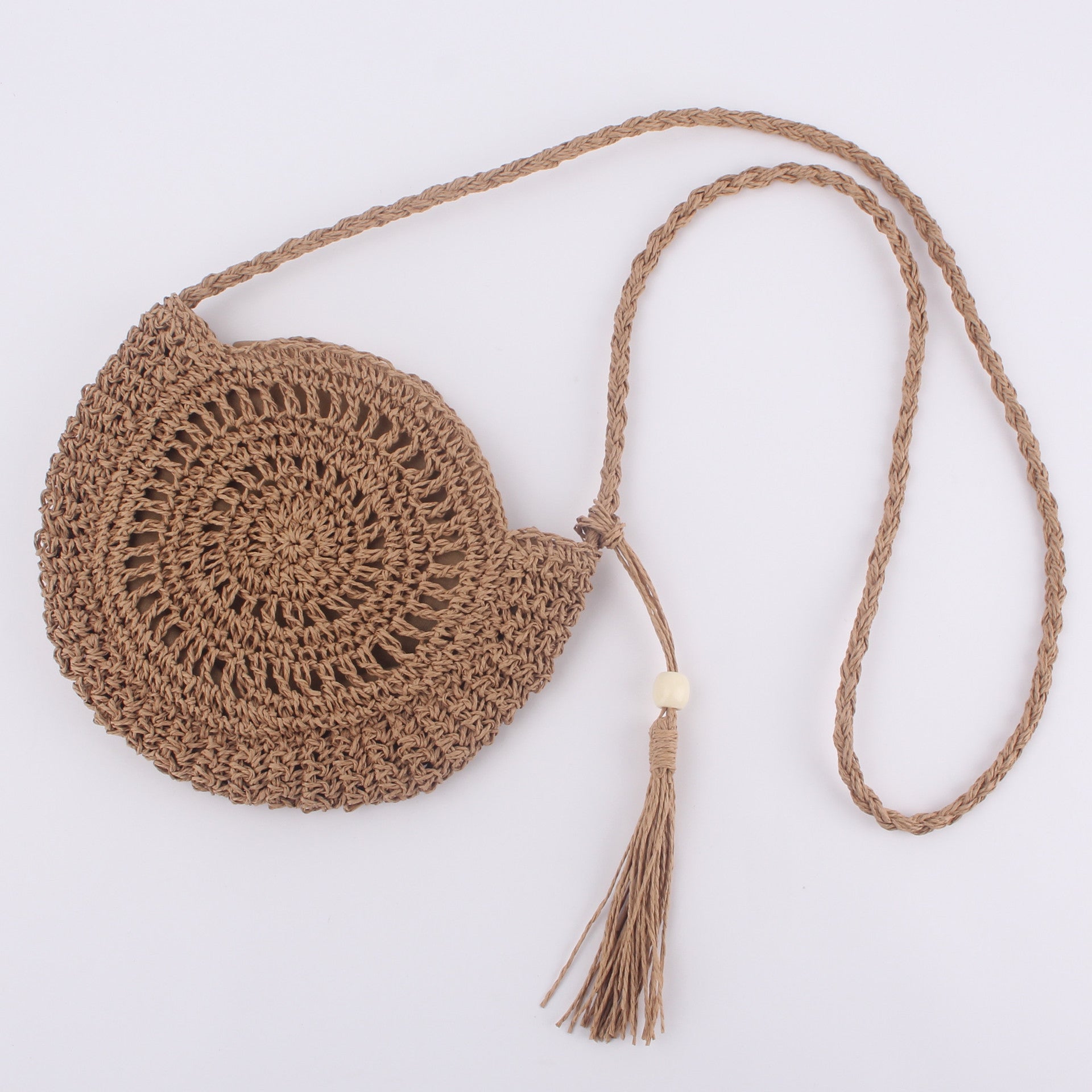 Women's Hand Crocheted Round Straw Tassel Crossbody Woven Bag