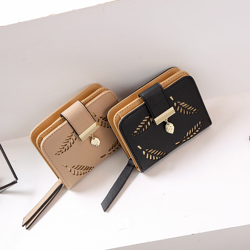 New Korean Women's Wallet Short Hollow Clutch Bag Leaf Zipper Buckle Bills Card Pack Hanzuva