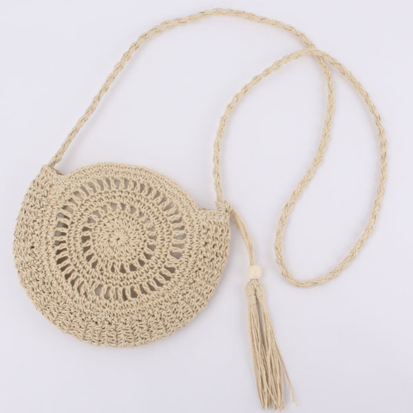 Women's Hand Crocheted Round Straw Tassel Crossbody Woven Bag Hanzuva