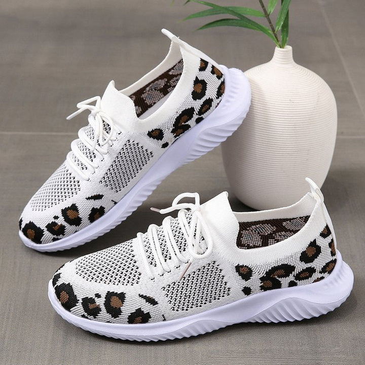 White Shoes Women Leopard Print Lace-up Sneakers Sports Hanzuva