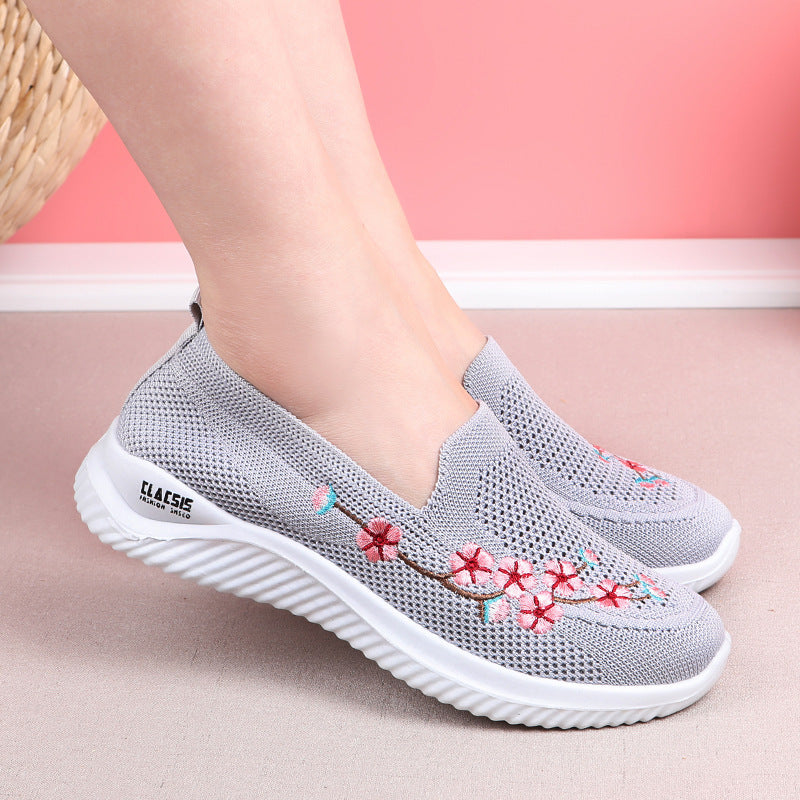 Flower Embroidery Flats Summer Walking Shoes Women's Mesh Breathable Casual Shoes Hanzuva