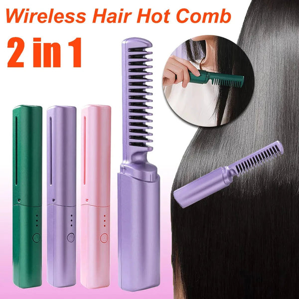 Professional Wireless Hair Straightener Curler Comb Fast Heating Negative Ion Straightening Curling Brush Hair Styling Tools Hanzuva