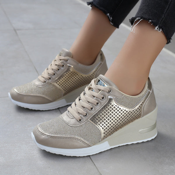 Women's Casual Wedge Heel Mesh Front Lace Up Flat Shoes Hanzuva