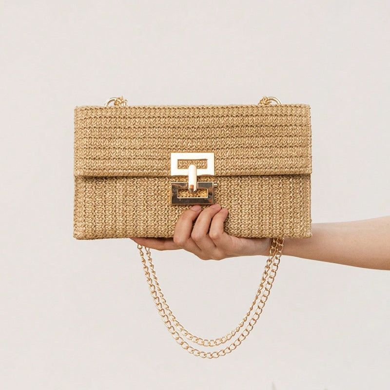 Bag Women's Vacation Style Multi-compartment Chain Flap Screw Lock Straw Bag