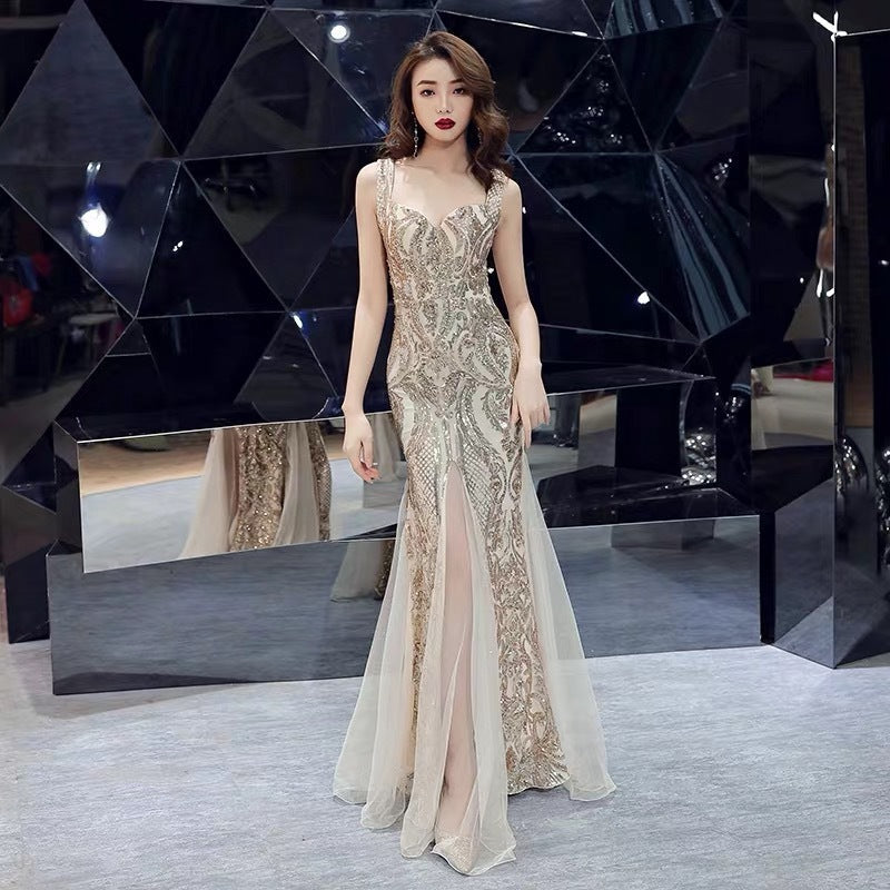 Fishtail Long Summer Sequins Sling Evening Dress Banquet Hanzuva