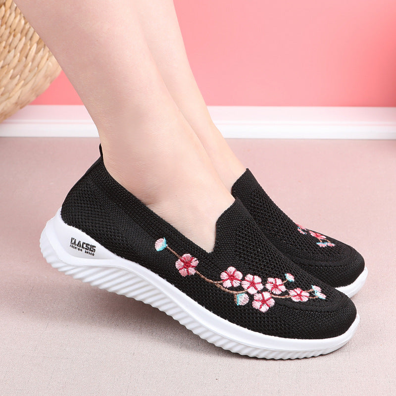 Flower Embroidery Flats Summer Walking Shoes Women's Mesh Breathable Casual Shoes Hanzuva