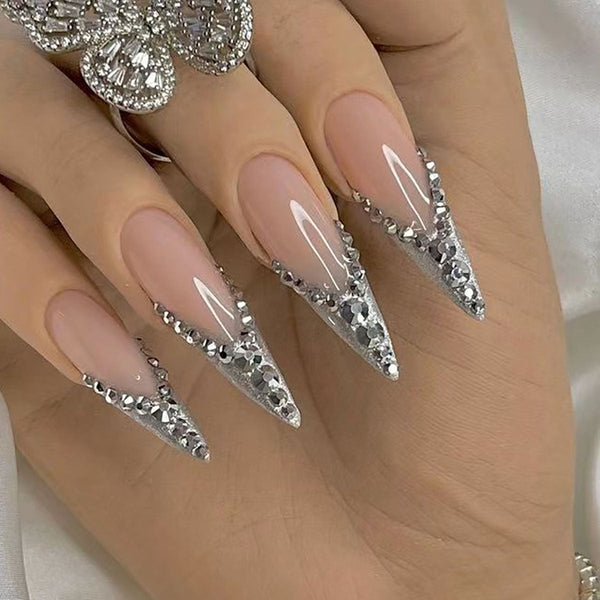 Bride French Diamond Fragments Fake Nail Sticker Long Hanzuva
