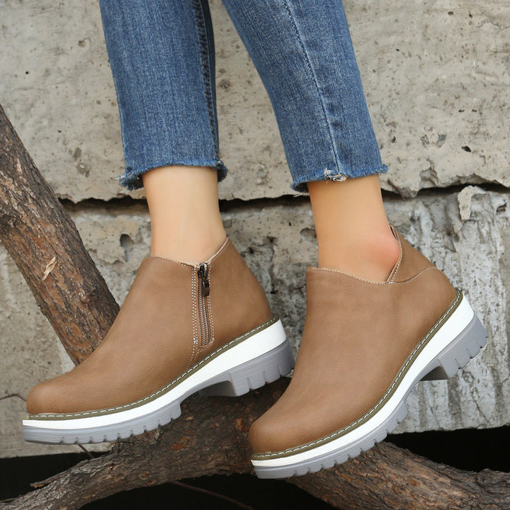 Women Ankle Boots Round Toe Low Heel Zipper Shoes Hanzuva