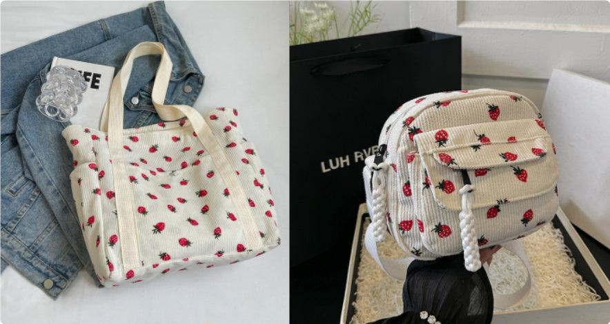 Corduroy Cloth Bag Women's Strawberry Printing