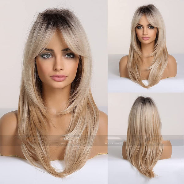 Gradient Gold Black Brown Mid-length Straight Hair Wig Hanzuva