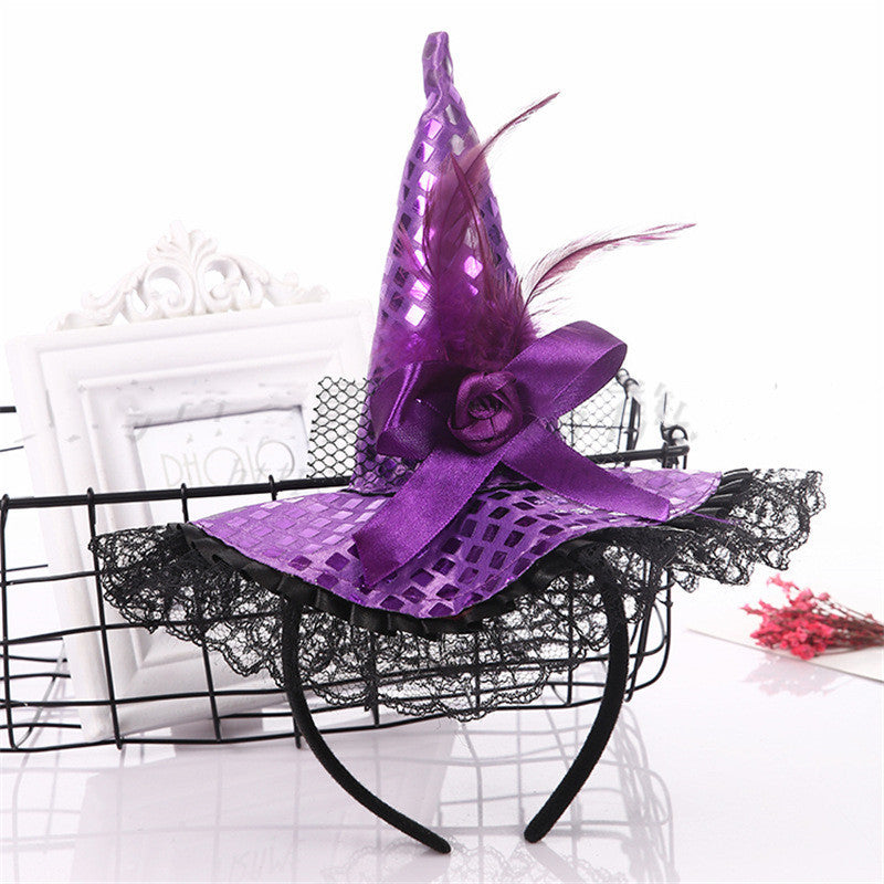 Halloween Decoration Witch Hat Headband, Masquerade Show Lace Sequin Hat Headband