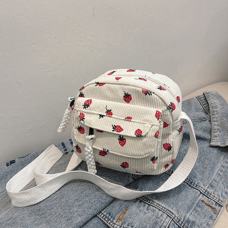 Corduroy Cloth Bag Women's Strawberry Printing