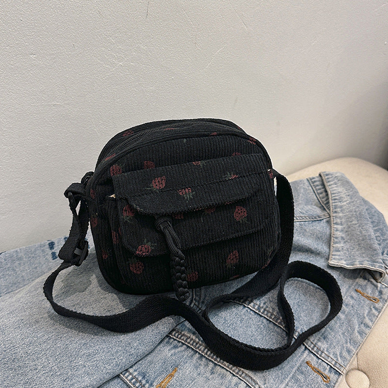 Corduroy Cloth Bag Women's Strawberry Printing