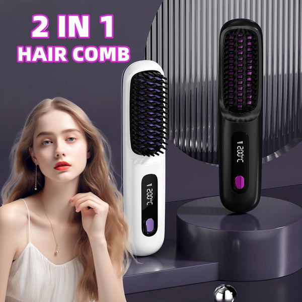 2 In 1 Straight Hair Comb Wireless Hair Straightener Brush Hair Fast Heating Portable Hot Curler USB Charging Hanzuva
