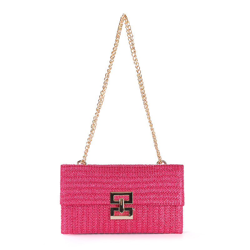 Bag Women's Vacation Style Multi-compartment Chain Flap Screw Lock Straw Bag