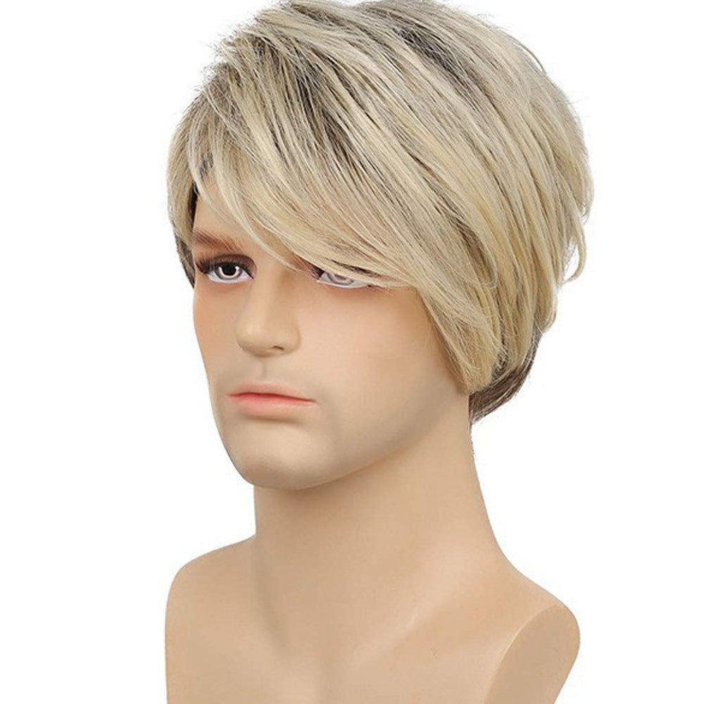 Men's Short Hair Wig Brown Gold Partial Bangs