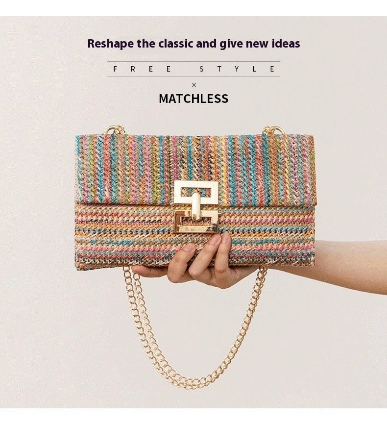 Bag Women's Vacation Style Multi-compartment Chain Flap Screw Lock Straw Bag