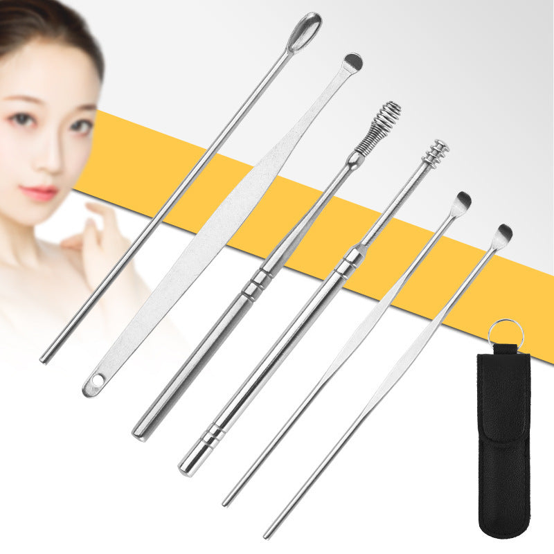 Stainless Steel Ear Pick Leather Suit 6-piece Set