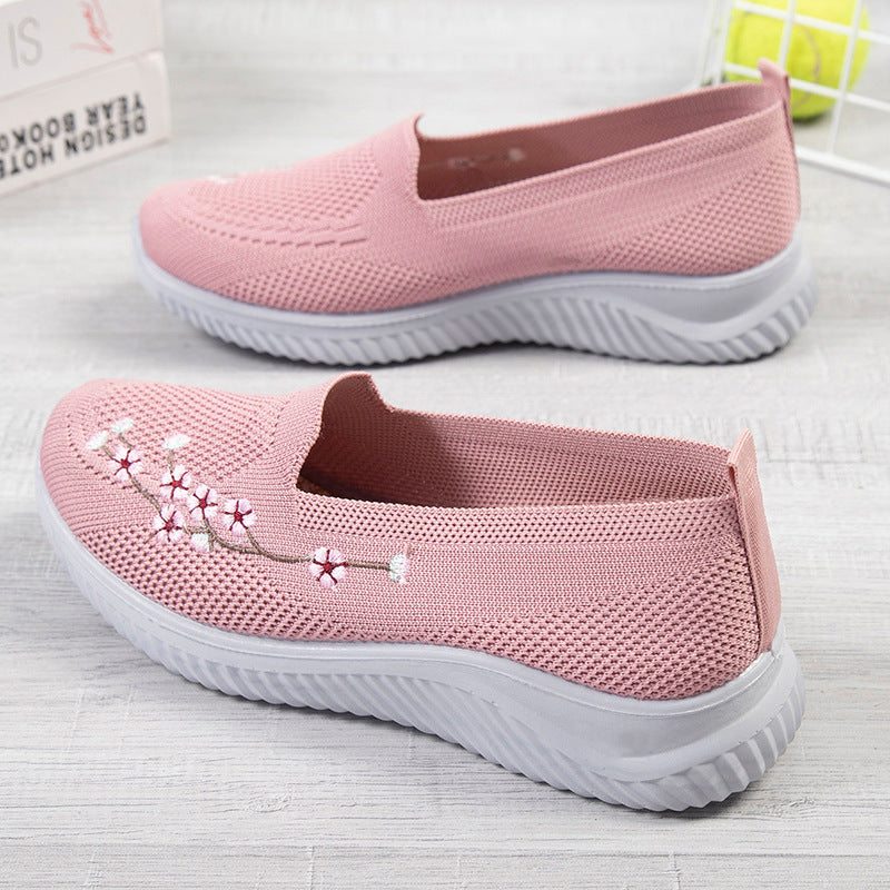 Flower Embroidery Flats Summer Walking Shoes Women's Mesh Breathable Casual Shoes Hanzuva