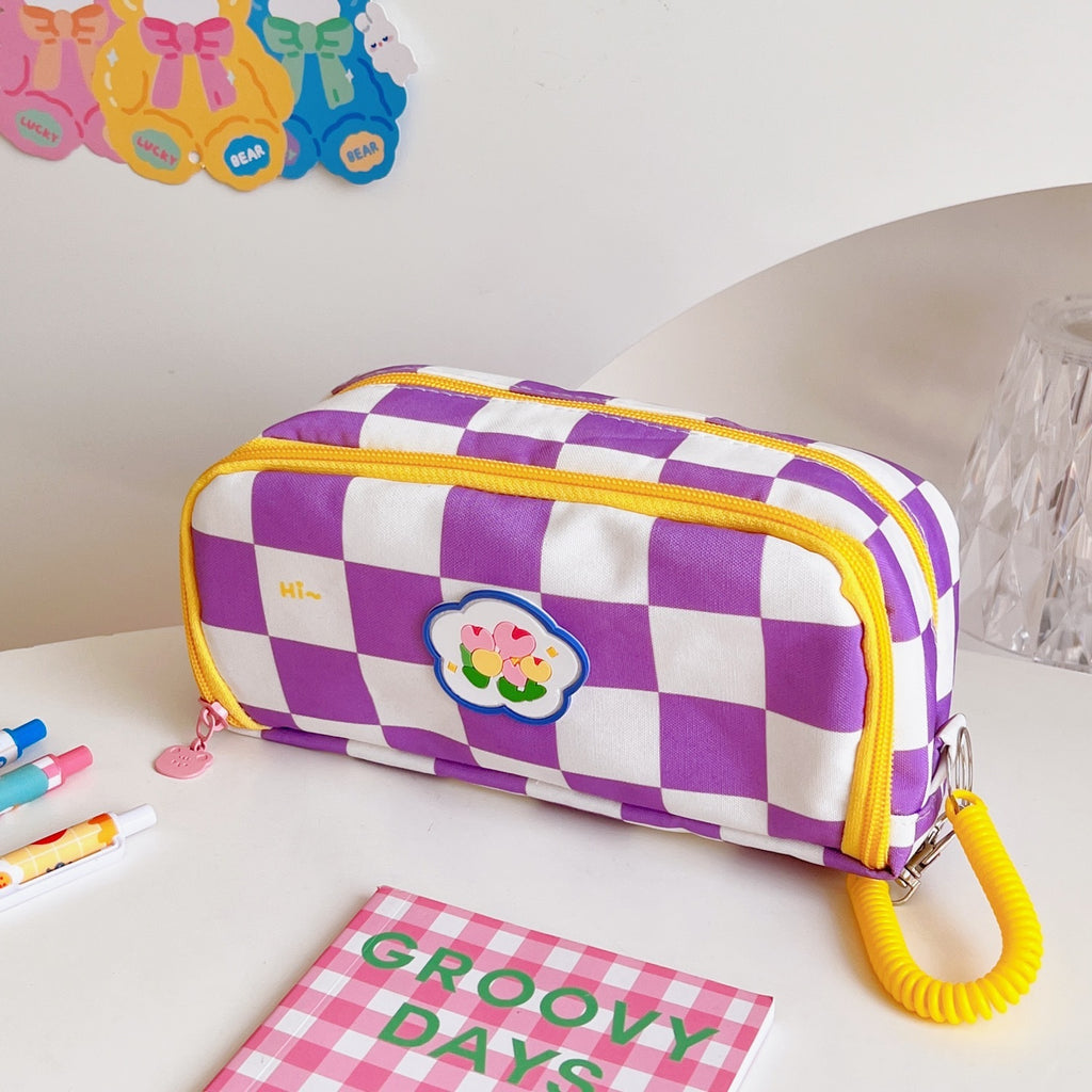 Japanese Simple Large-capacity Checkerboard Pencil Case