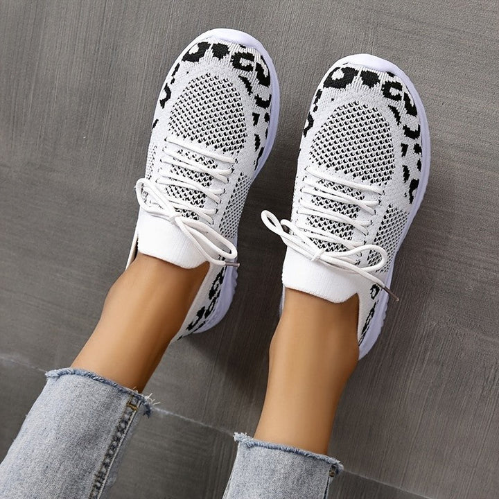 White Shoes Women Leopard Print Lace-up Sneakers Sports Hanzuva