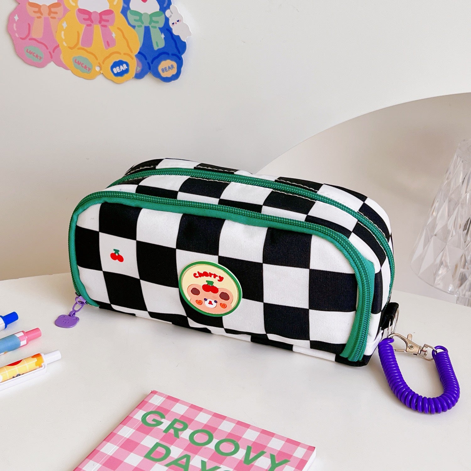 Japanese Simple Large-capacity Checkerboard Pencil Case