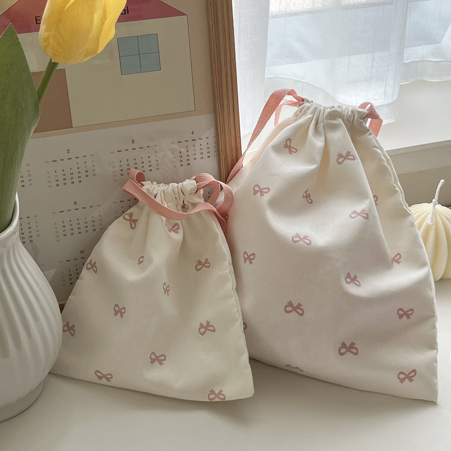 Sweet Bow Print Drawstring Storage Bag